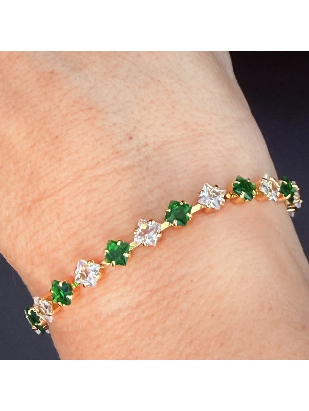 candy+clover green and clear crystal gold tone tennis bracelet